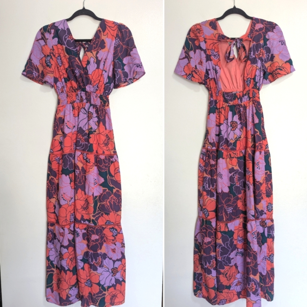 Pink Lily Purple & Pink Floral V Neck Tiered Maxi Dress Size XS